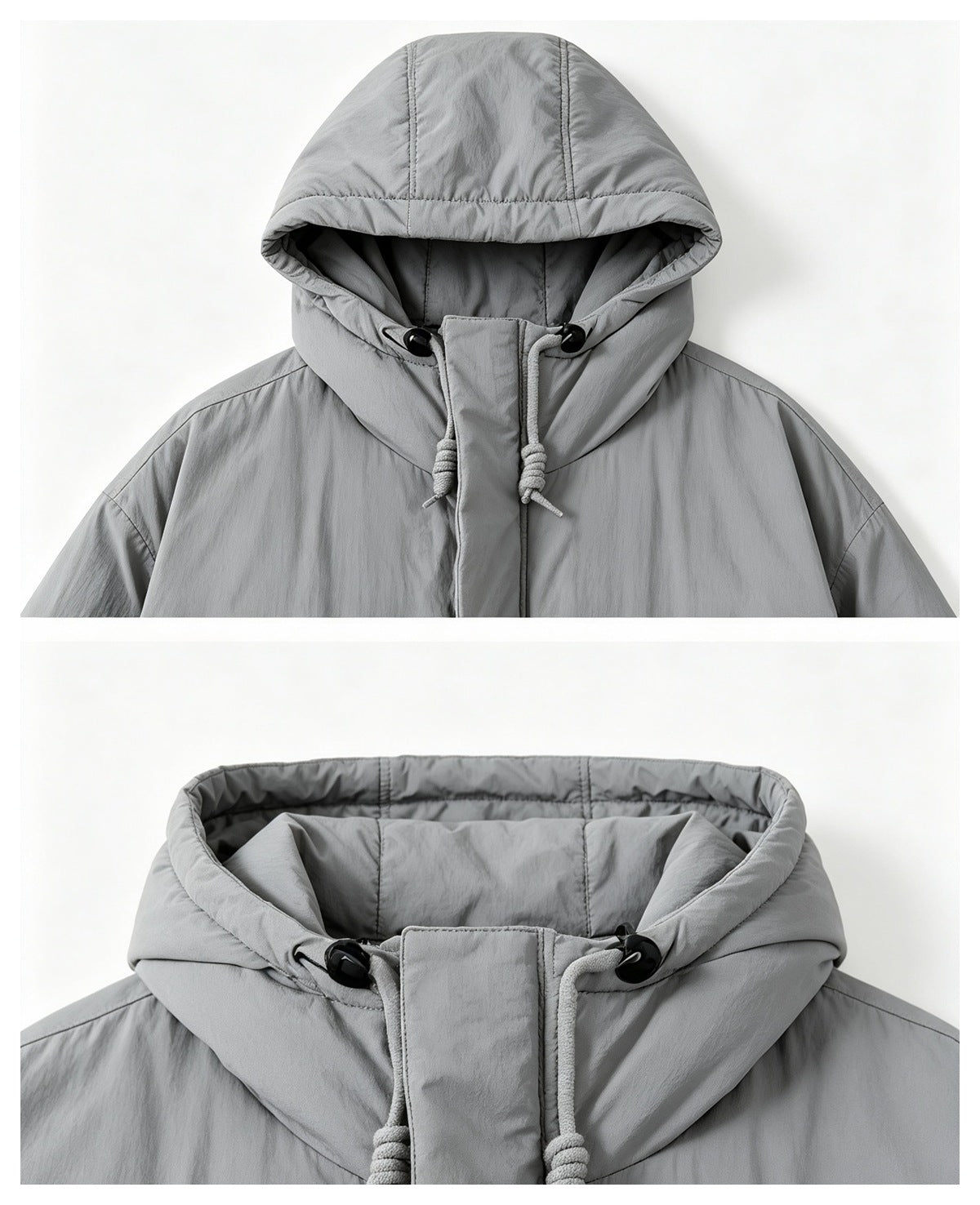 Two close-ups of the light gray jacket hood, showing the drawcords, black toggles and hood construction.