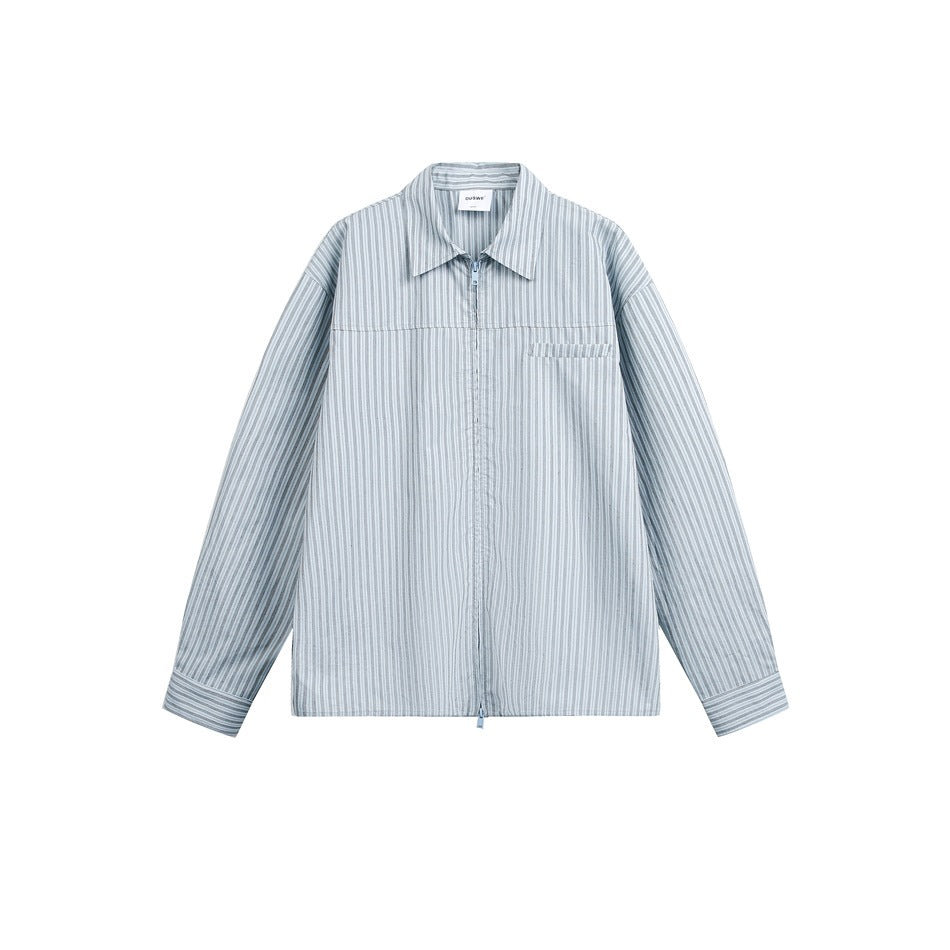 Blue and white striped long-sleeve zip-front shirt with chest pocket and buttoned cuffs, flat front view