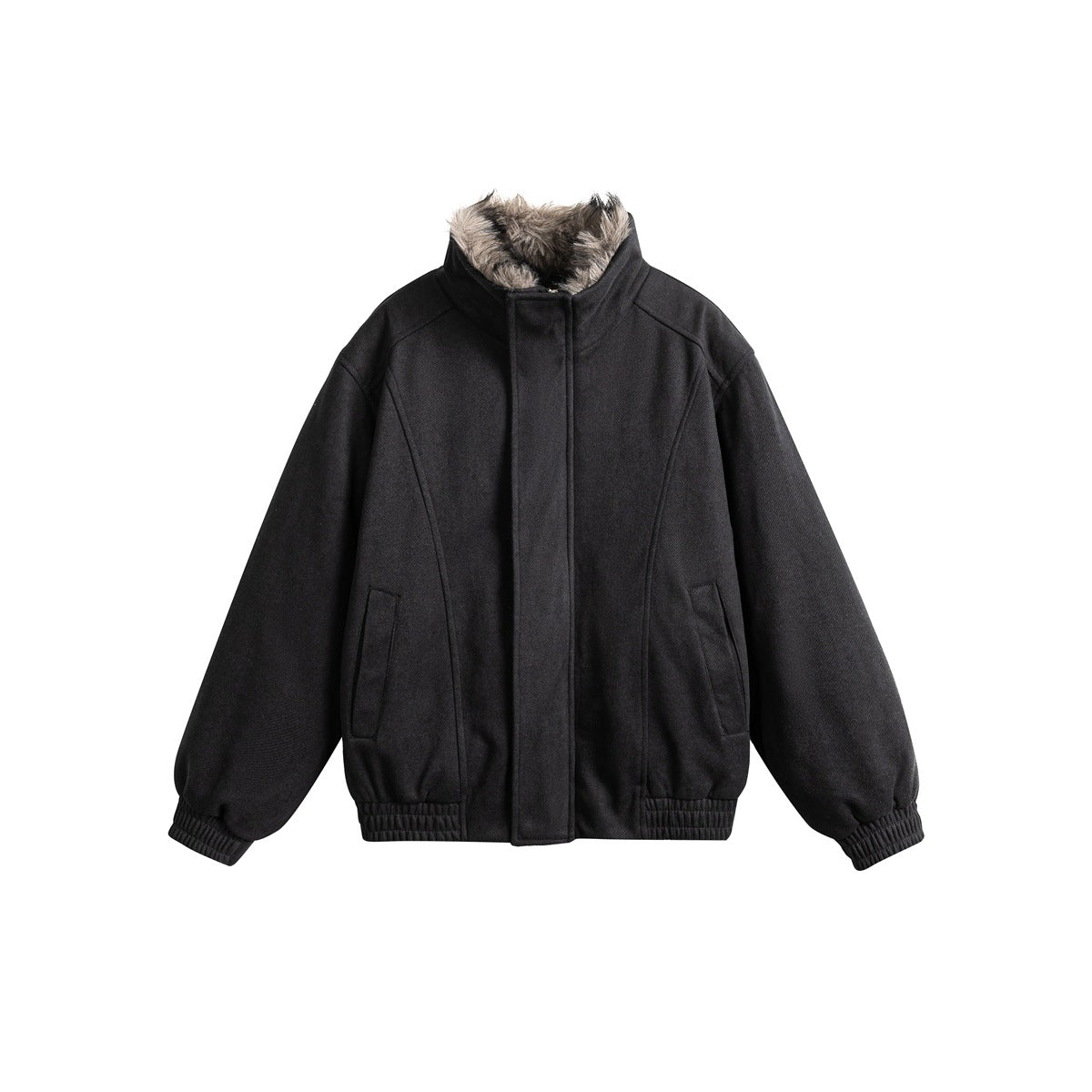 Black bomber-style jacket with stand collar, faux-fur-style collar trim, covered front placket and ribbed cuffs and hem