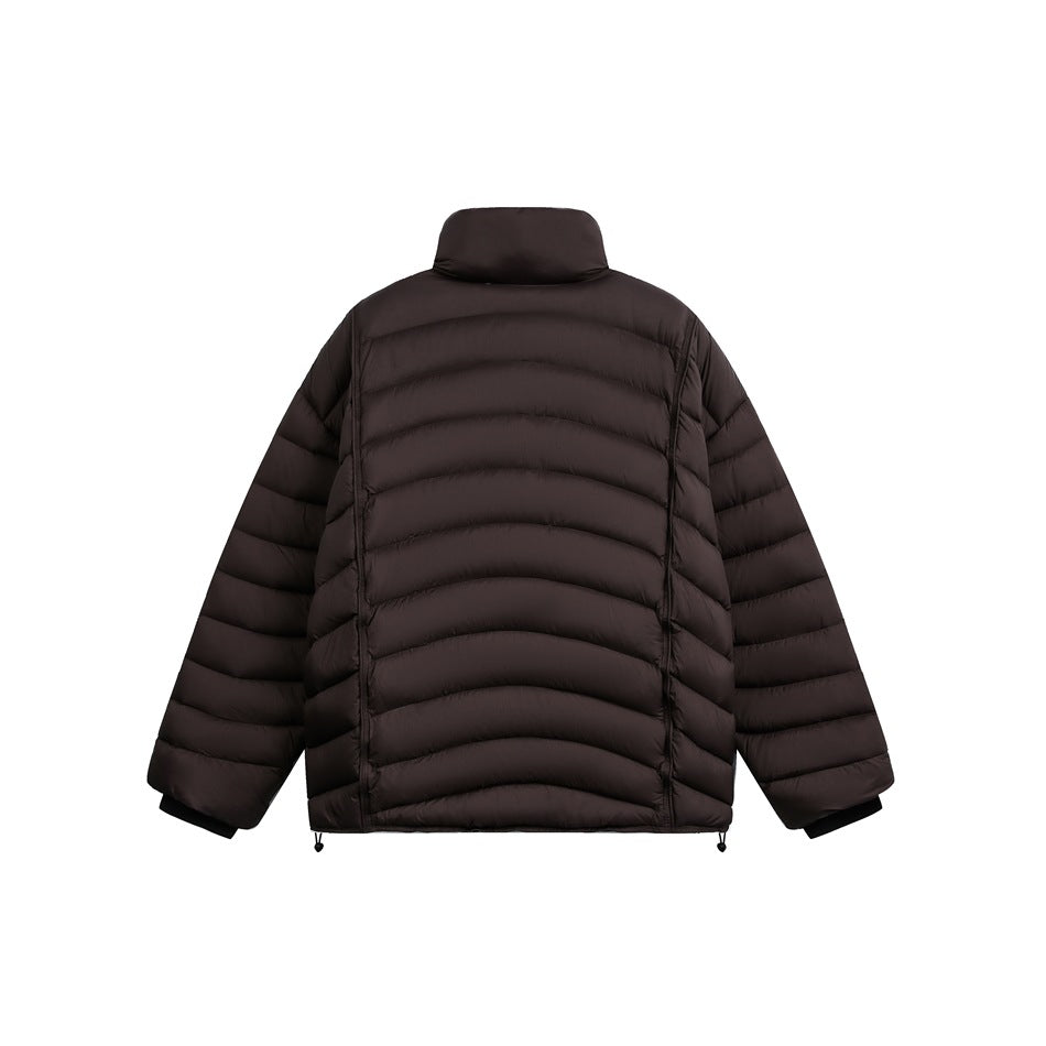 Back view of a dark brown quilted puffer jacket with a high collar and elastic cuffs.
