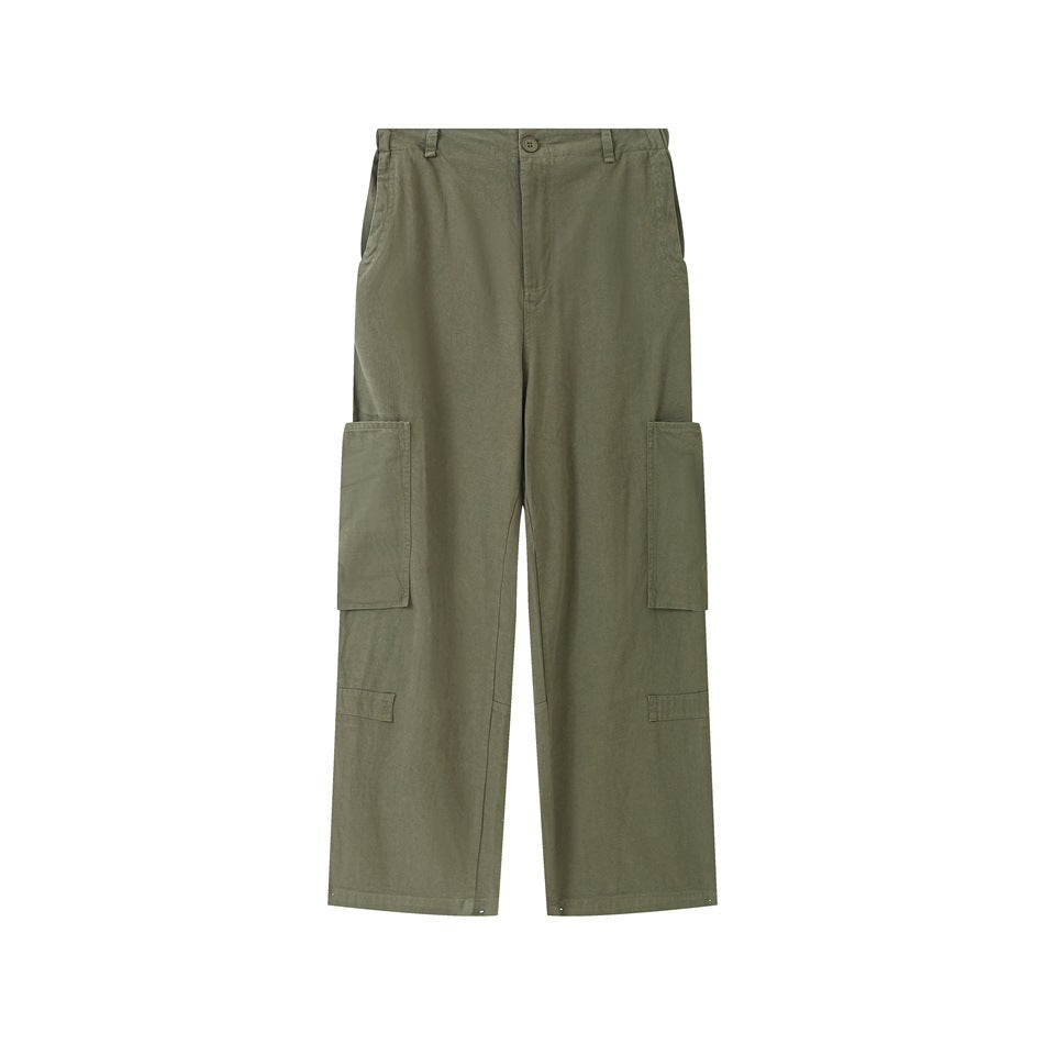 Army green wide-leg cargo pants flat lay, front view, with button waist and large thigh patch pockets