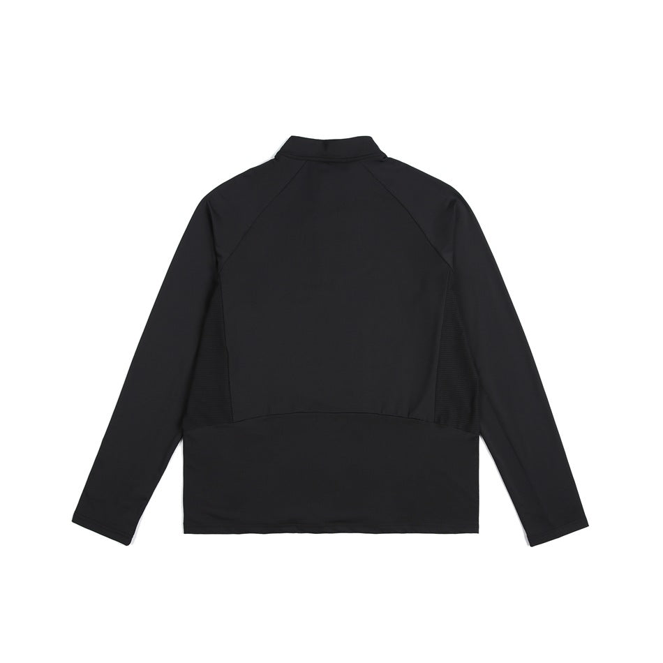 Back view of a black long-sleeve pullover with a stand collar, raglan seams, and textured side panels.