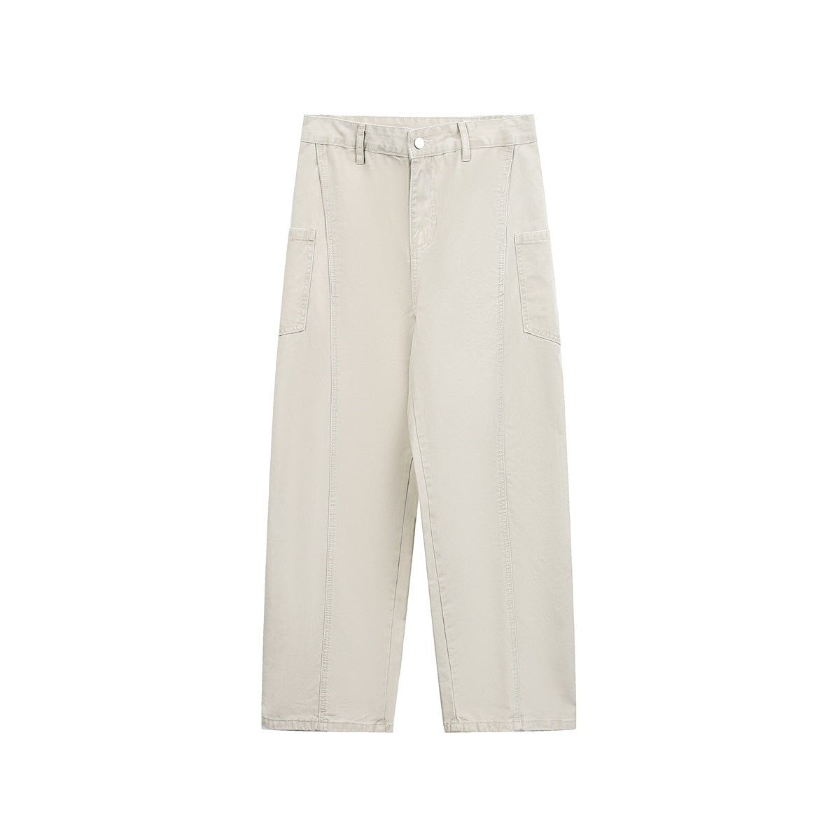 Light khaki straight-leg pants flat lay, front view with button fly, belt loops and large side pockets
