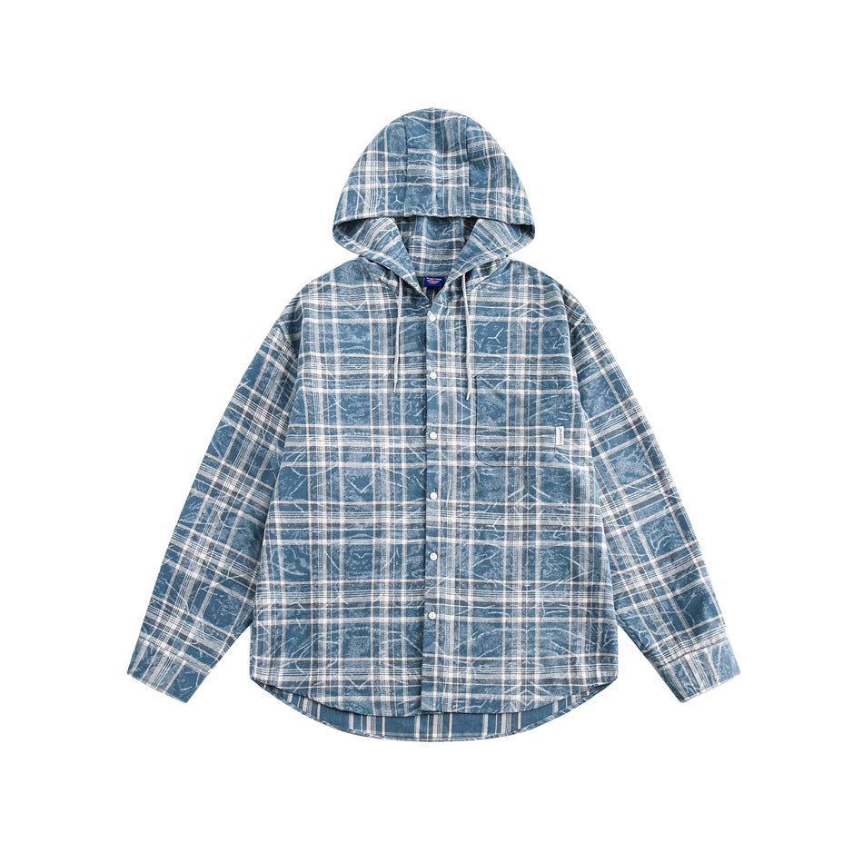 Blue and white plaid hooded long-sleeve shirt jacket with snap buttons and drawstrings, flat front view