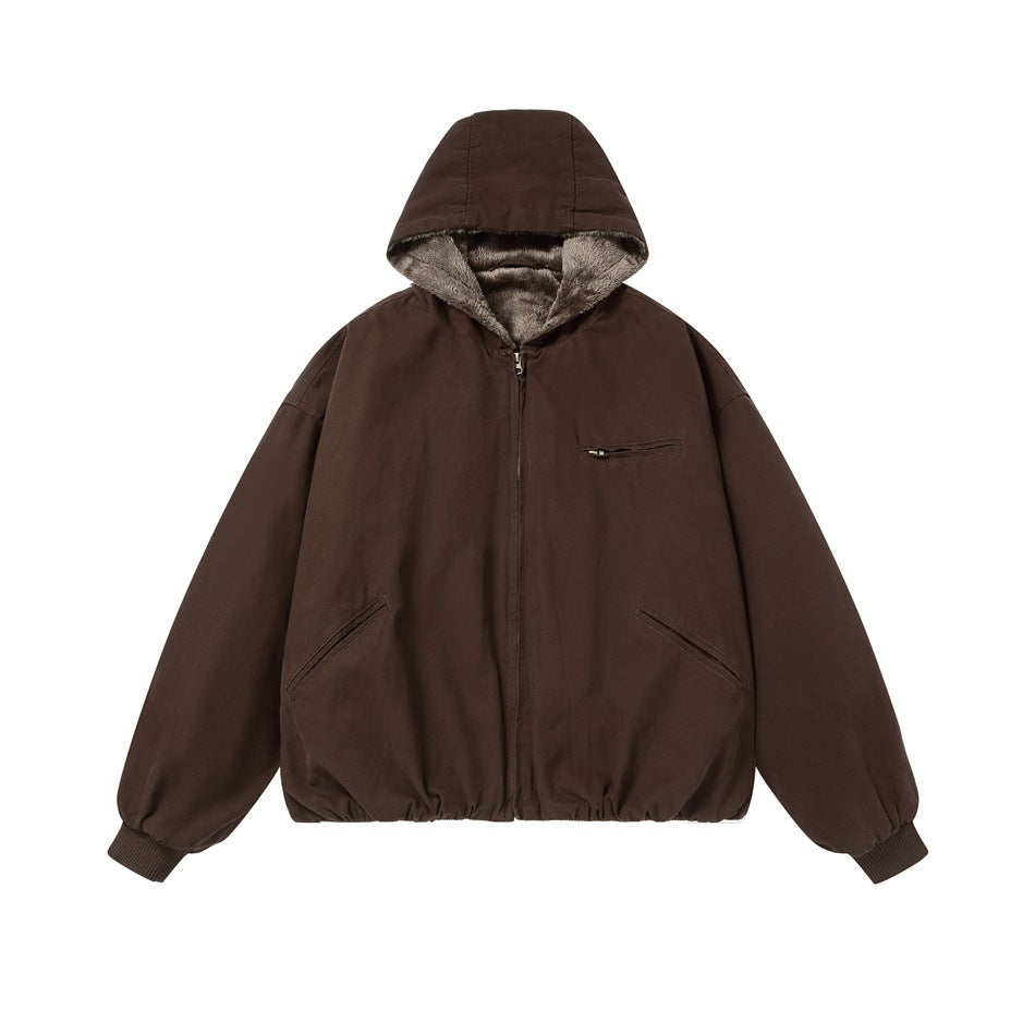 Front view of a dark brown hooded jacket with plush-lined hood, zip front, chest zip pocket, and angled hand pockets.