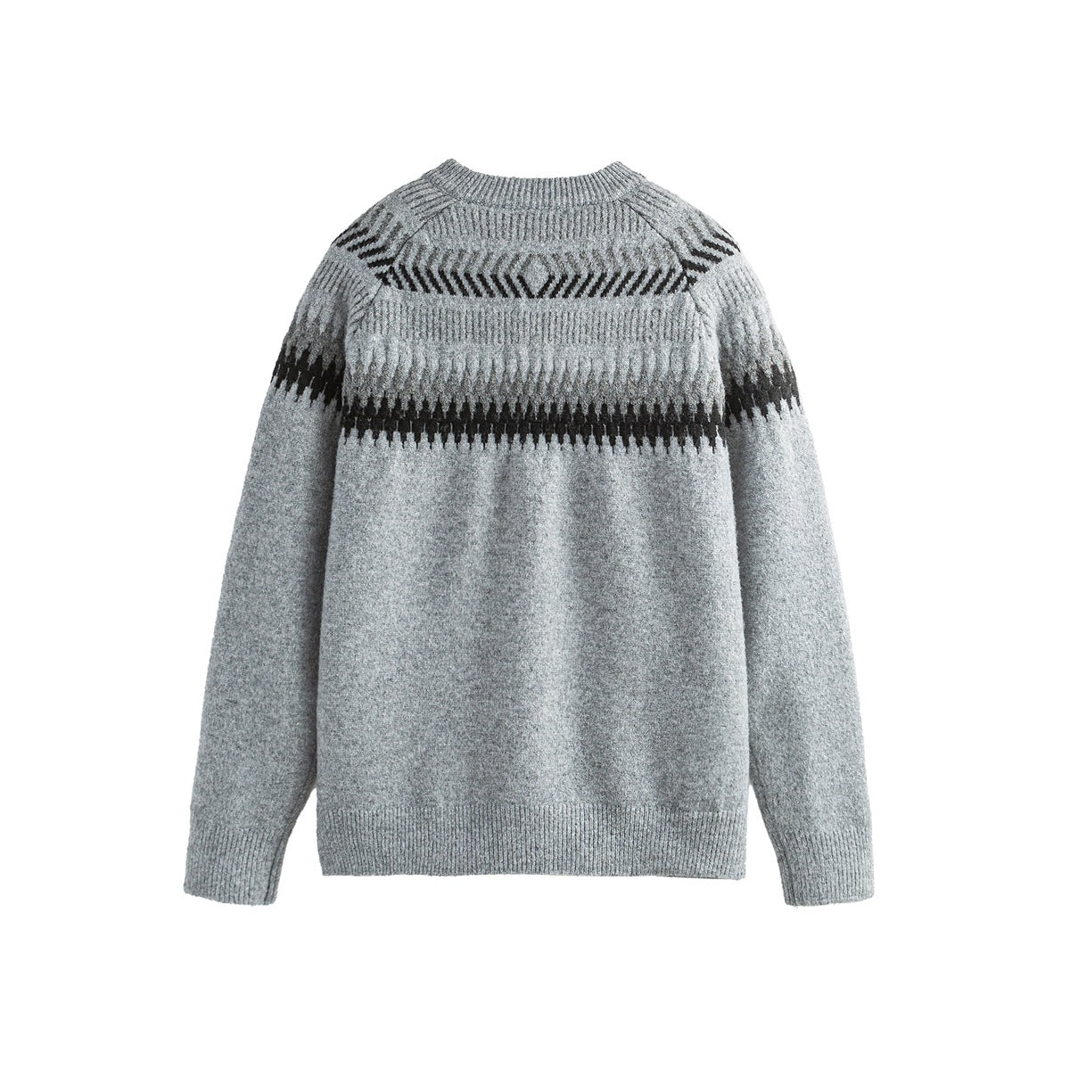Back view of a gray knit cardigan with dark geometric bands across the shoulders and upper back.