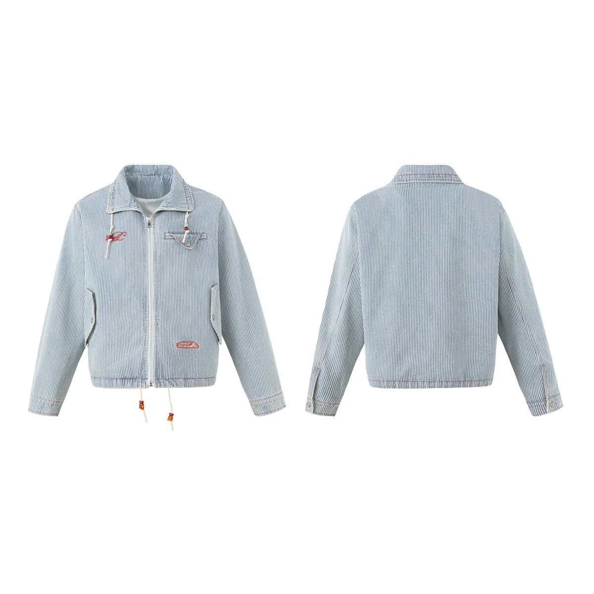 Blue-and-white pinstriped jacket shown flat from the front and back, with a zip front, pockets, and red embroidery.