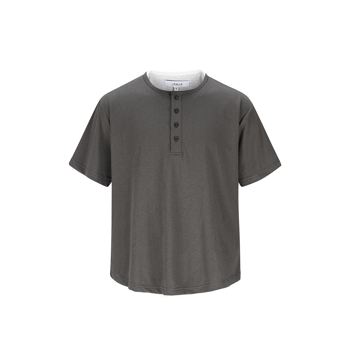 Dark gray short-sleeve Henley T-shirt with four buttons and light gray layered neckline, front flat view