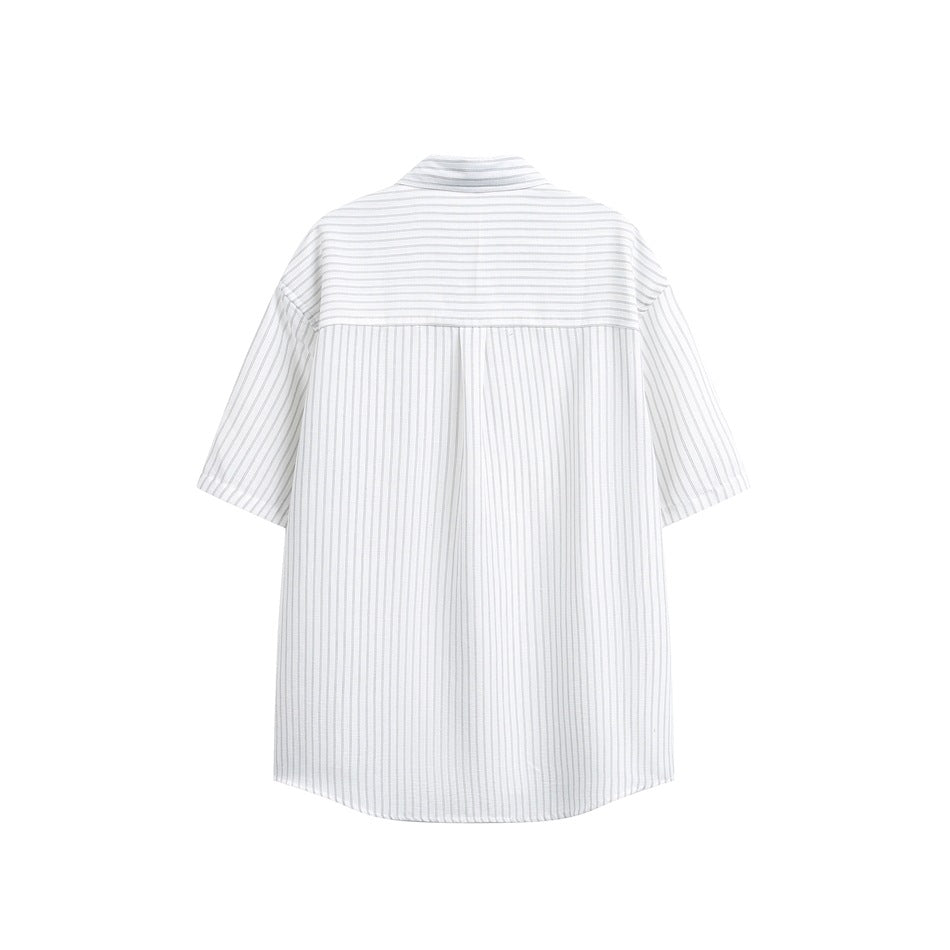 Back view of white striped short-sleeve shirt with a horizontal-striped yoke and vertical stripes below