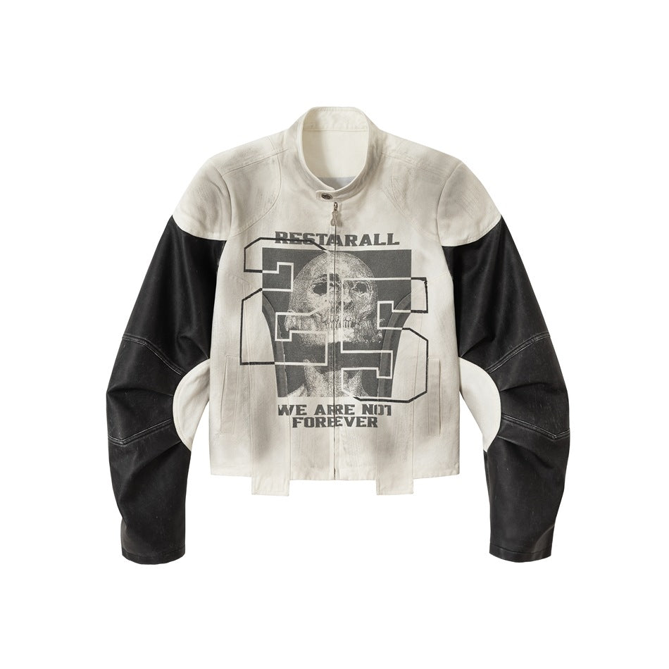 Cropped off-white stand-collar zip jacket with black paneled sleeves and a gray skull and number 25 graphic on the front