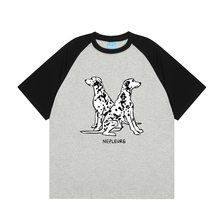 Gray raglan T-shirt with black sleeves and a front print of two seated Dalmatian dogs
