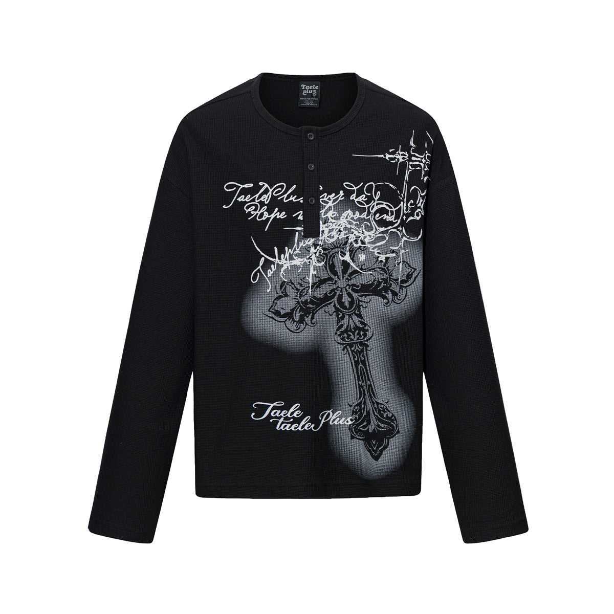 Black long-sleeve waffle-knit Henley top with white script and gray-shaded cross graphic, flat front view