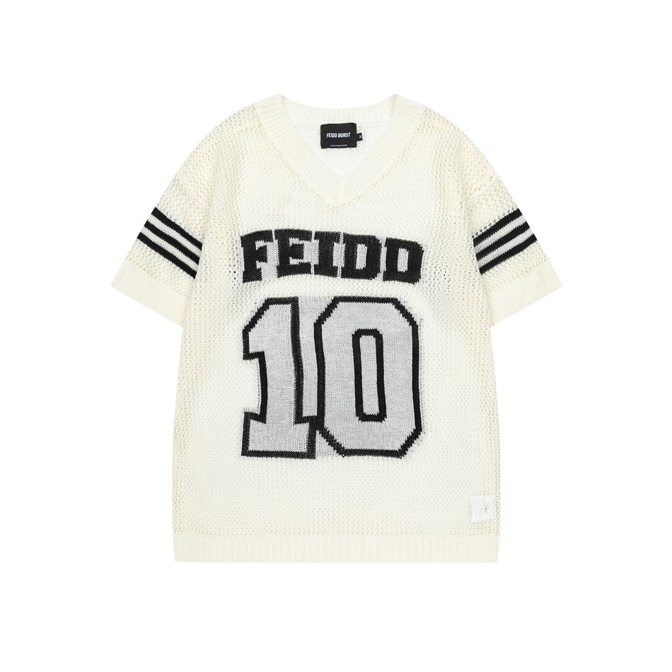 Off-white open-knit mesh short-sleeve V-neck top with black sleeve stripes and a FEIDD 10 knit graphic, flat front view