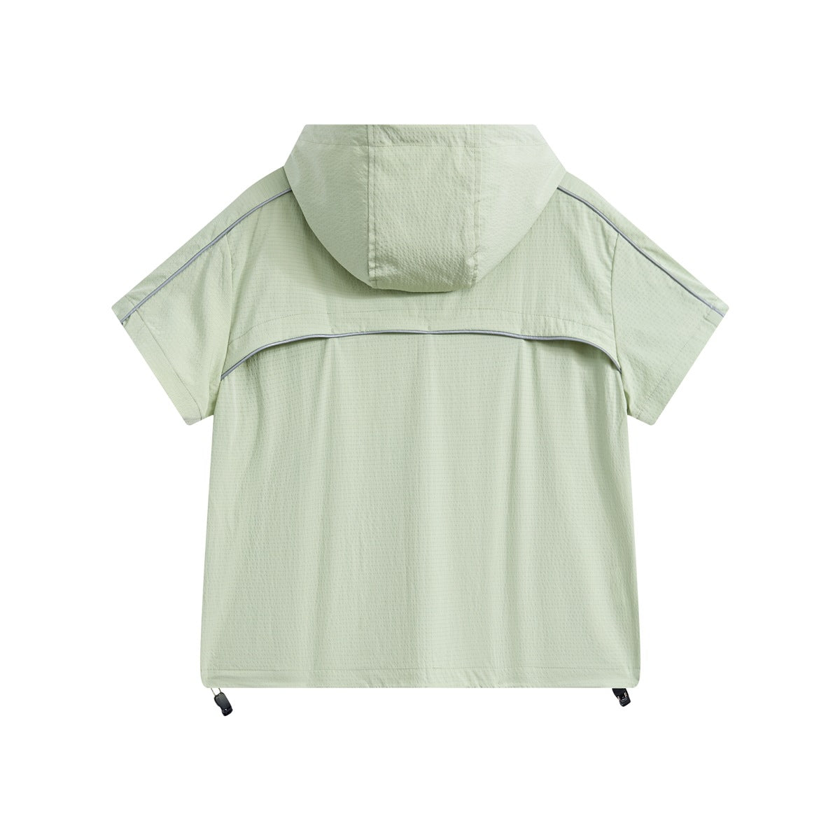 Back view of a light green short-sleeve hooded jacket with gray piping across the shoulders and back.