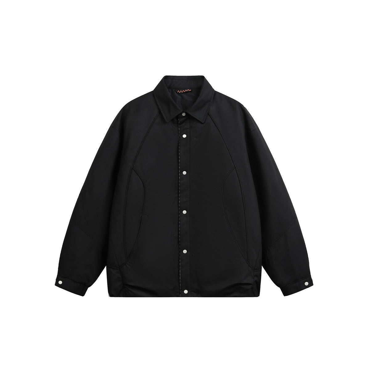 Black coach-style jacket, front flat lay, with pointed collar, snap-button placket and curved seam details