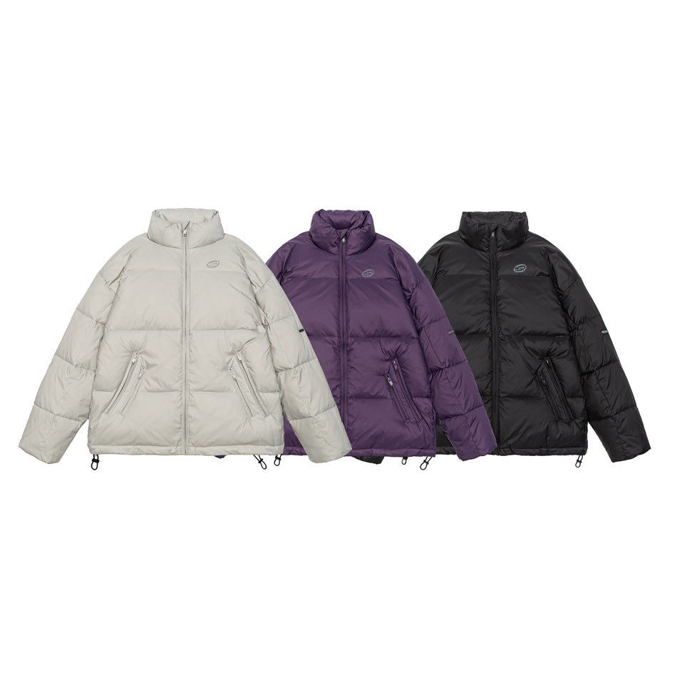 Three padded stand-collar jackets shown together in light gray, purple, and black.