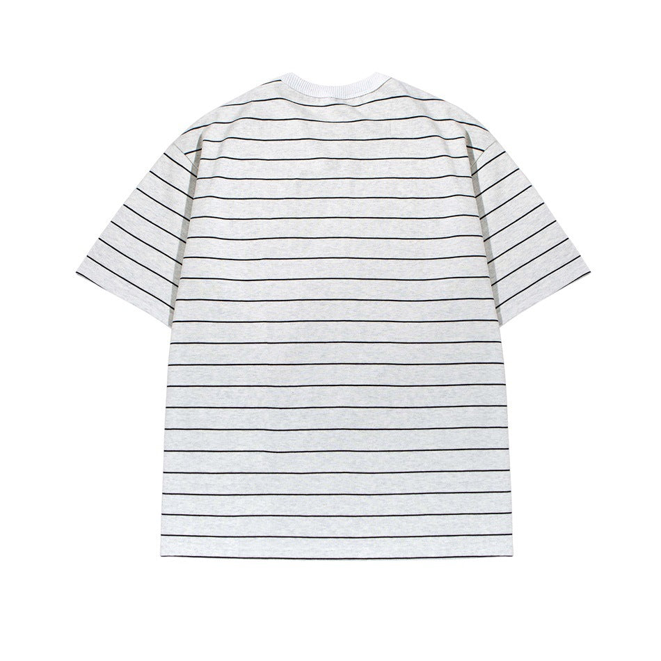 Back view of off-white heather striped crew-neck T-shirt with dark horizontal stripes
