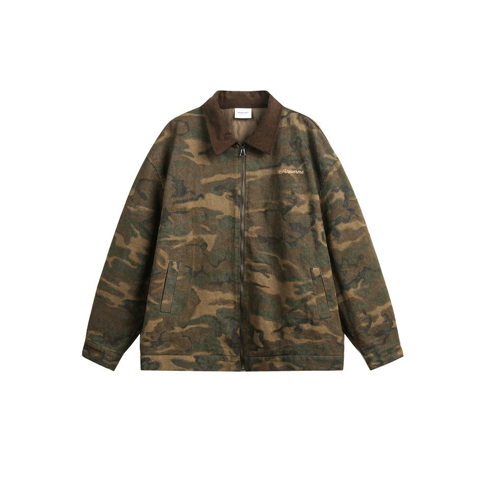 Camouflage zip-front jacket with brown corduroy-look collar, slanted pockets and small chest embroidery, flat lay