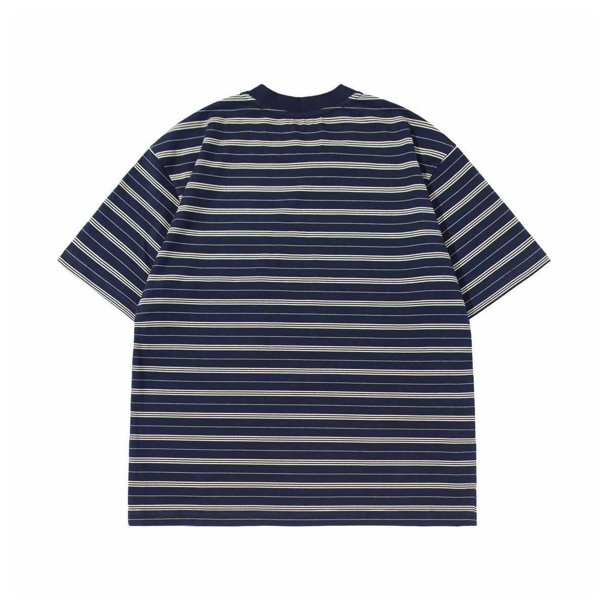 Back view of a navy blue crew-neck T-shirt with short sleeves and thin white horizontal stripes.