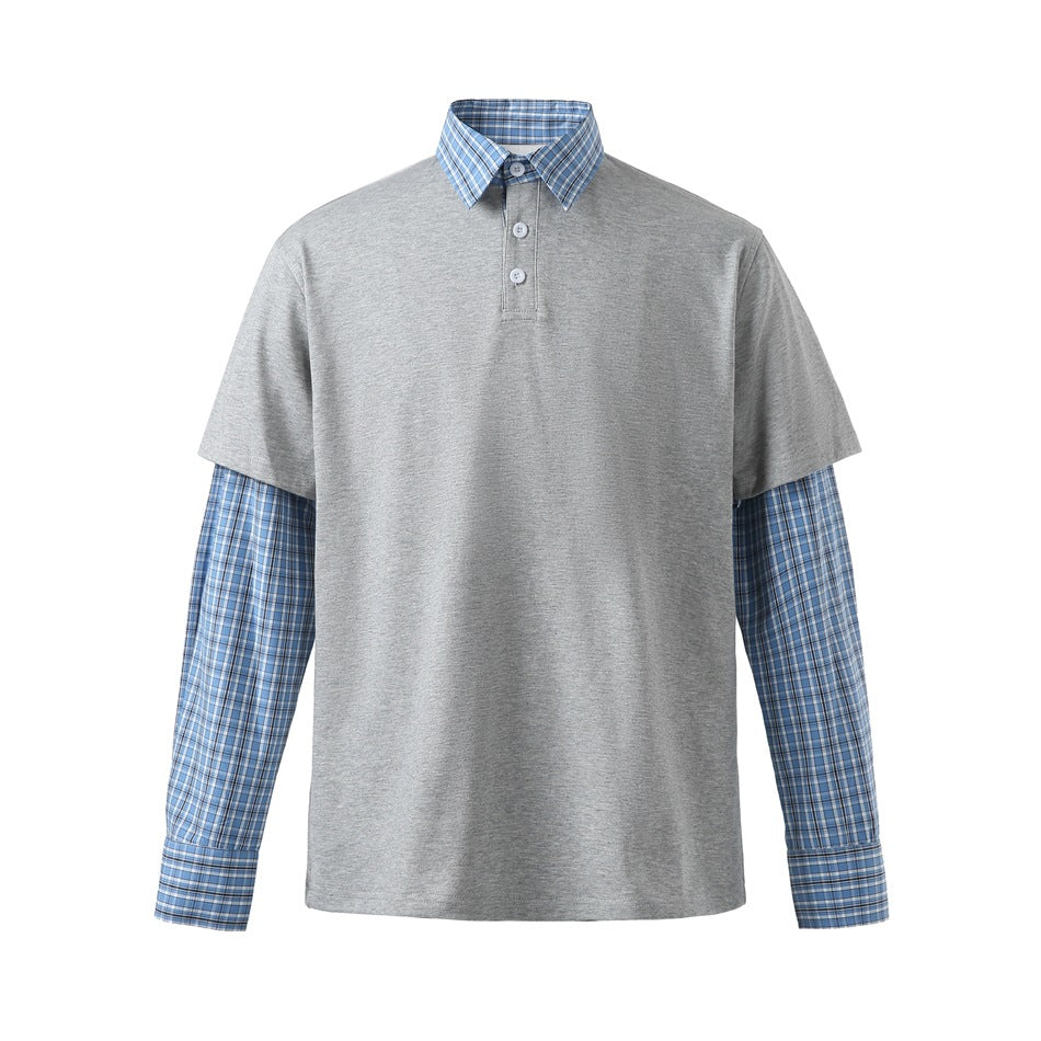 Gray layered-look polo shirt with blue plaid collar and long plaid sleeves, front view