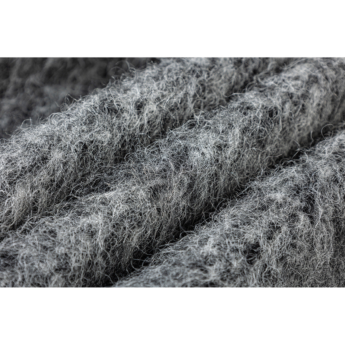 Extreme close-up showing the fuzzy, curly gray jacket fabric texture.