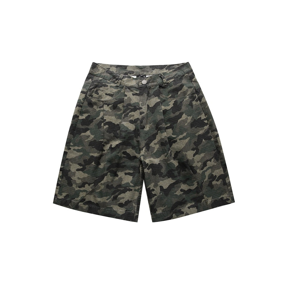 Front of camouflage knee-length shorts with button closure, belt loops and angled front pockets on a white background