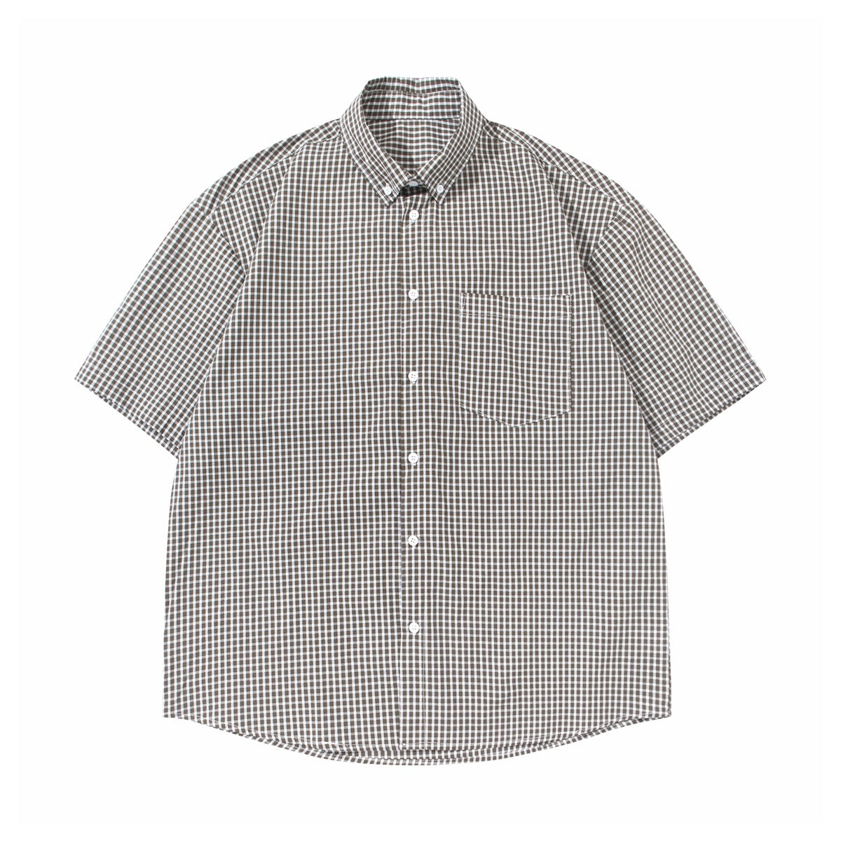 Black and white small-check short-sleeve button-down shirt with chest pocket, flat front view