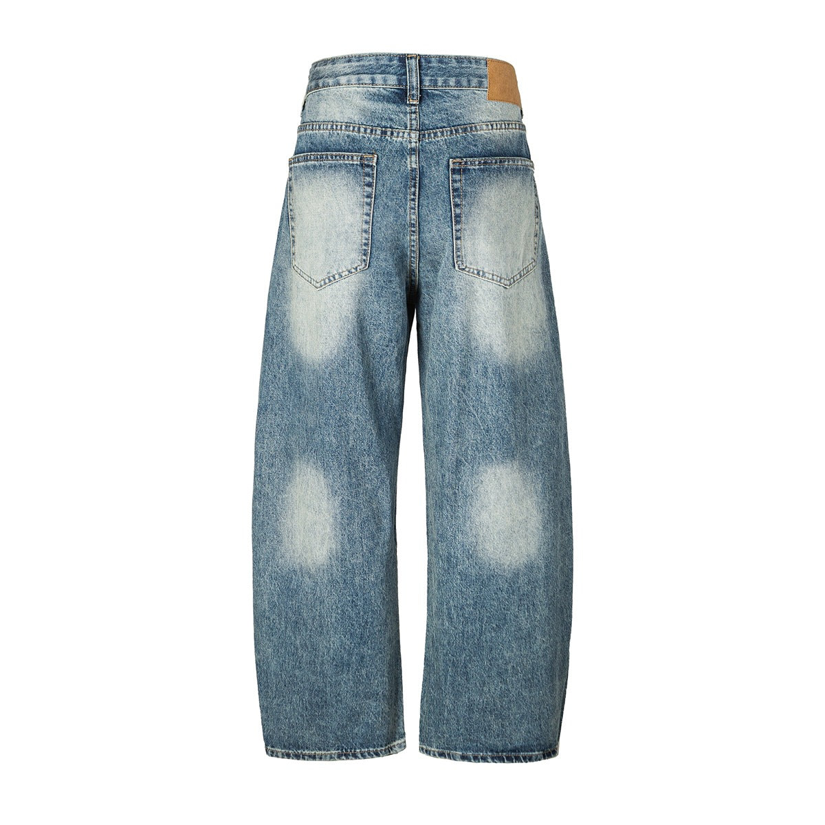 Back of washed blue wide-leg jeans with two patch pockets, faded patches and a tan waistband patch