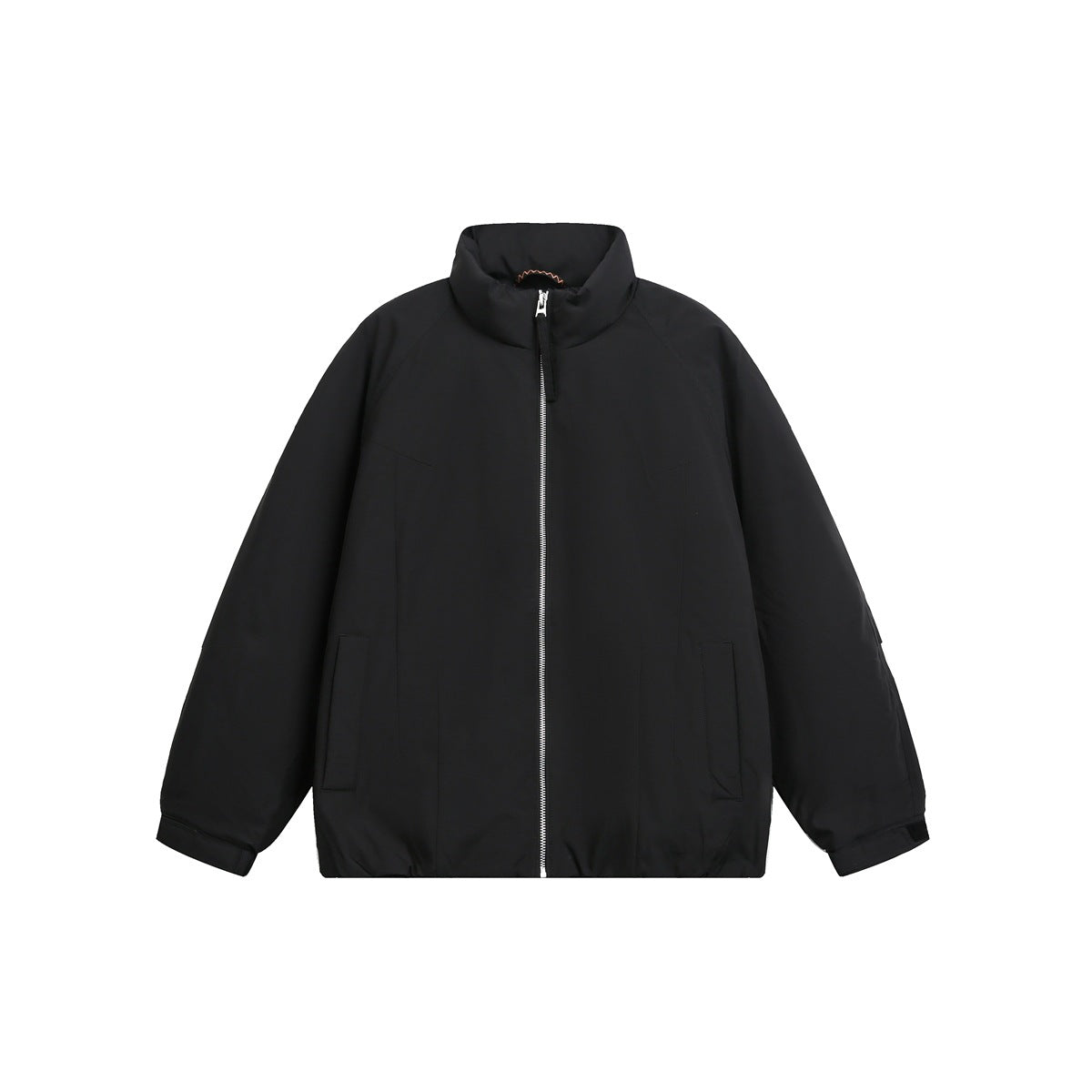 Black stand-collar zip-front padded jacket, flat front view with silver zipper and slanted pockets