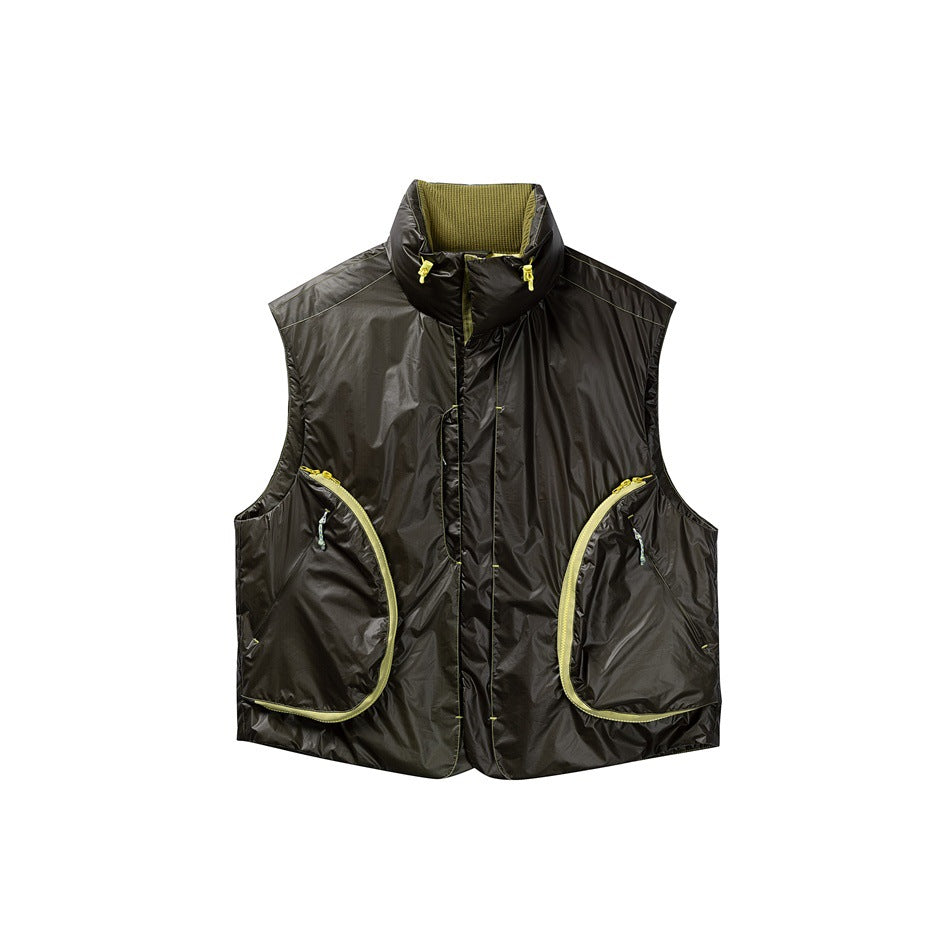 Dark olive stand-collar quilted vest with yellow-green curved zip pockets and olive inner collar, flat lay front view
