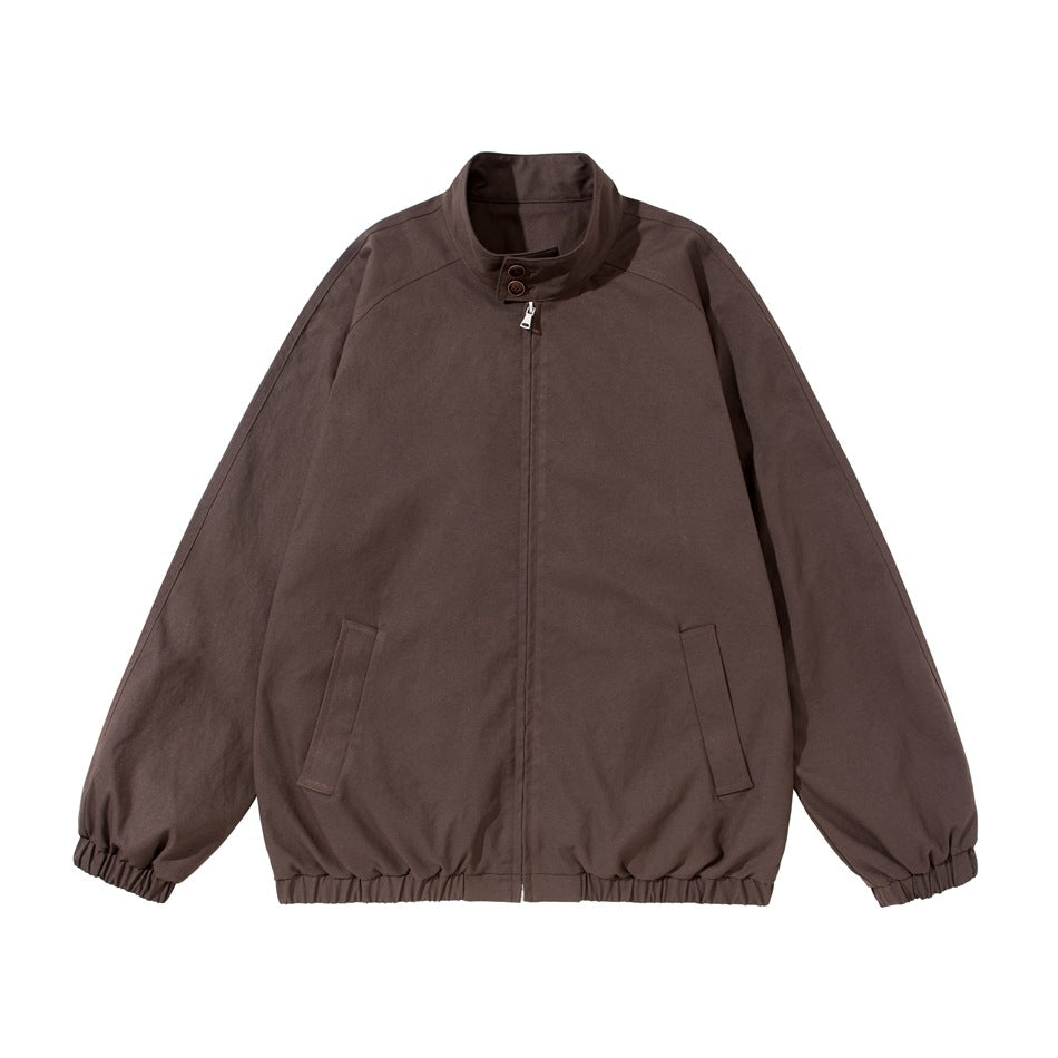 Brown stand-collar zip jacket with raglan sleeves, slit pockets and elastic cuffs and hem, front flat lay