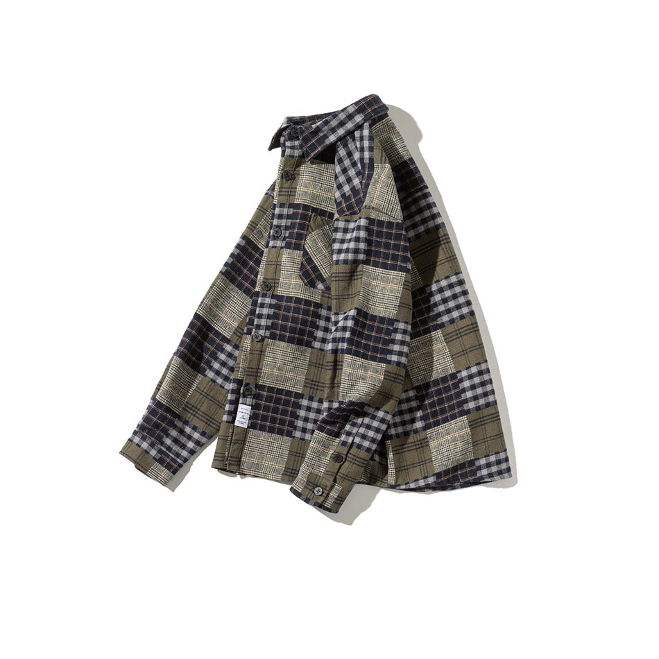Front view of a long-sleeve button-up shirt with mixed navy, gray, cream, and olive plaid panels.