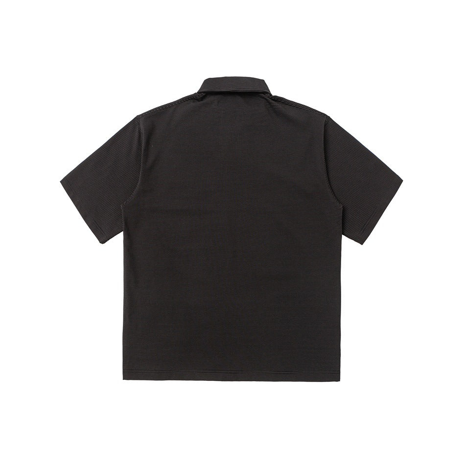 Back view of a black short-sleeve polo with fine horizontal stripes.