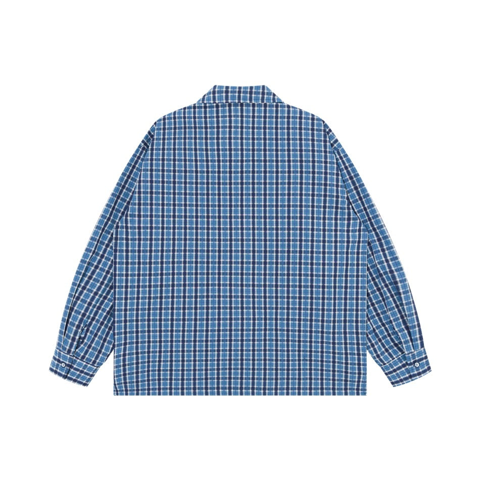 Back view of blue plaid long-sleeve shirt with collar and buttoned cuffs, flat lay