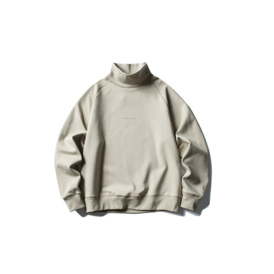 Khaki high-neck raglan-sleeve sweatshirt flat lay, front view, with small tonal chest print and ribbed cuffs and hem