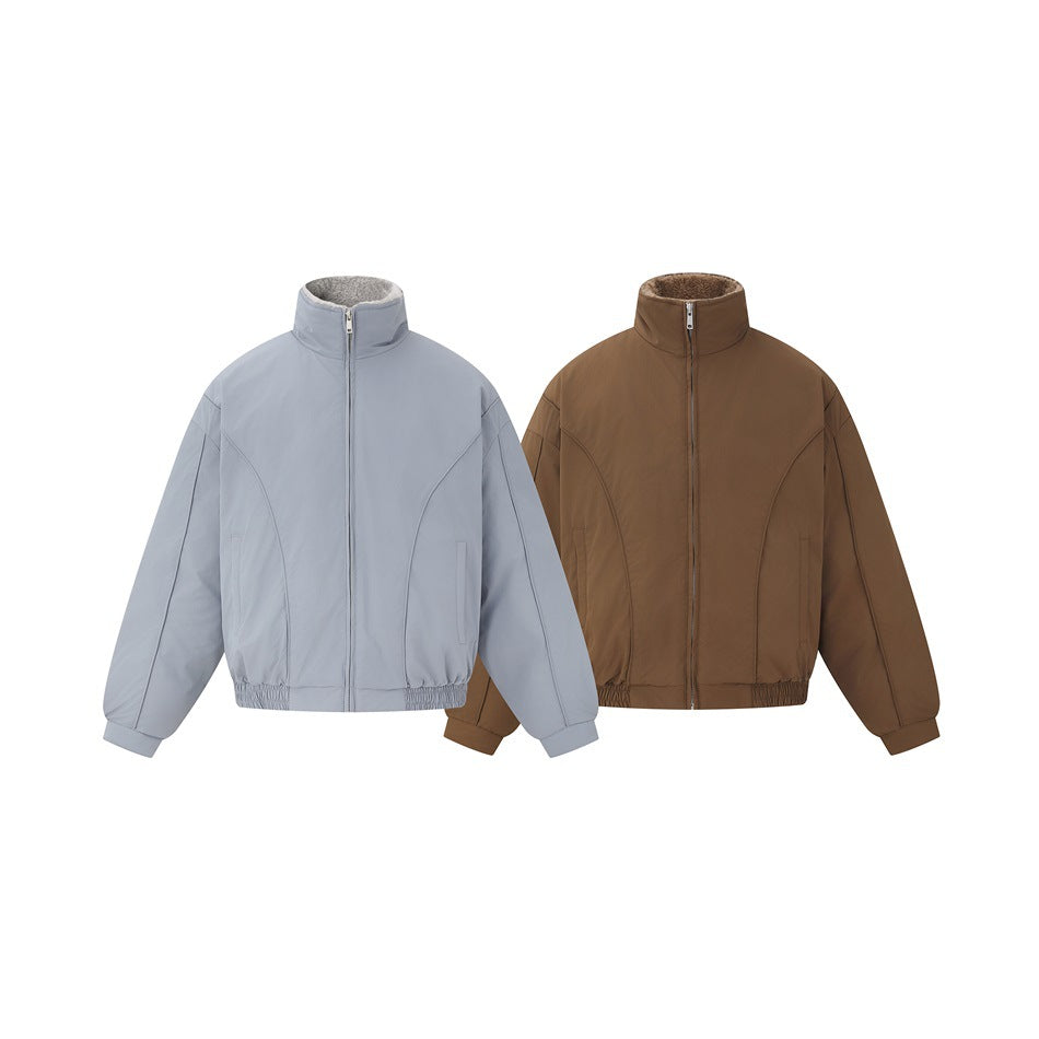 Gray-blue and dark brown zip-front stand-collar jackets side by side on white background