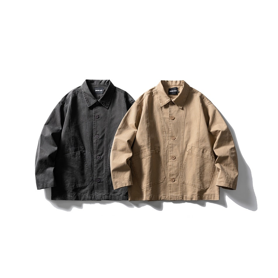 Two collared jackets shown from the front: one black and one tan, both with buttons and large patch pockets.