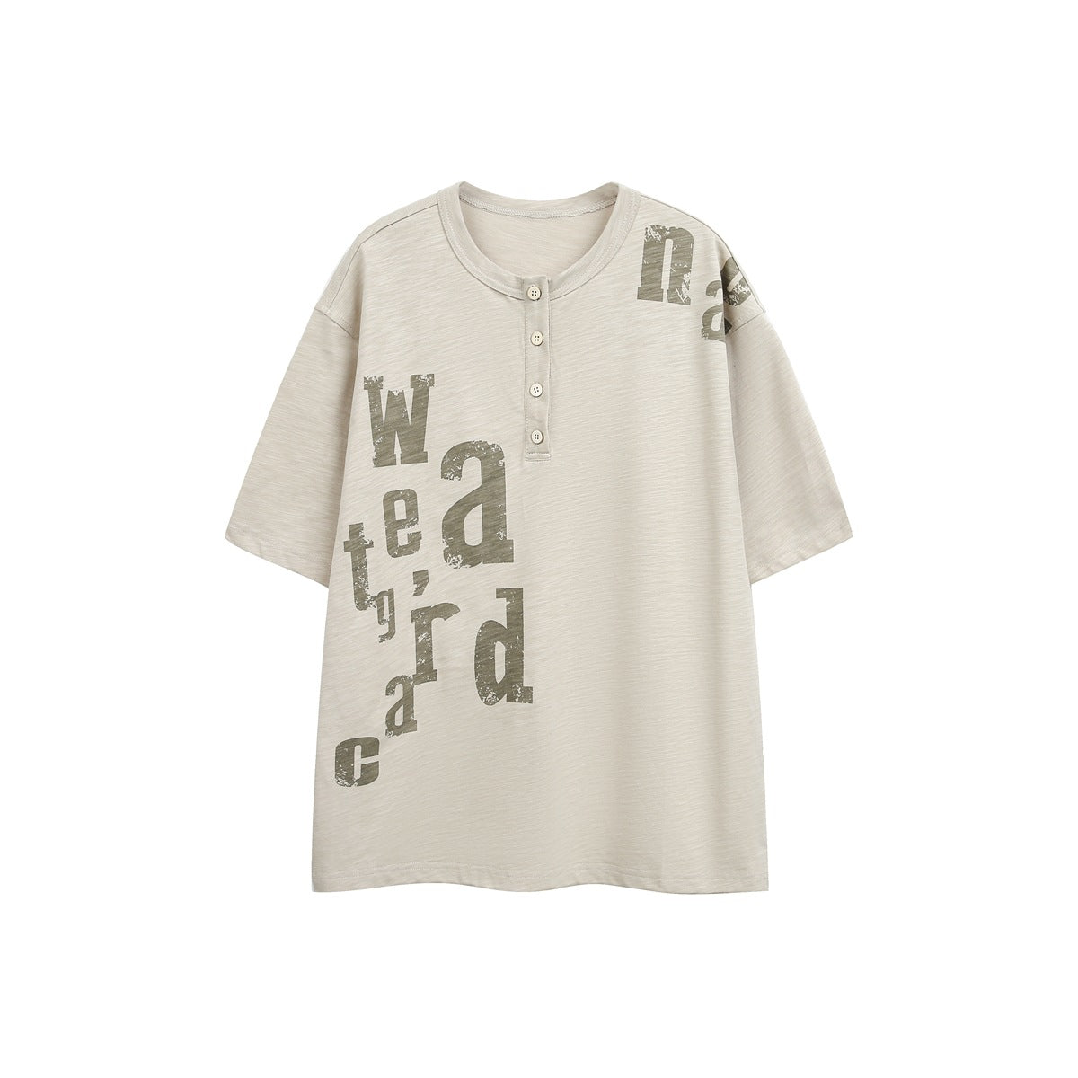 Light khaki short-sleeve henley tee with four buttons and olive distressed scattered-letter print, flat lay