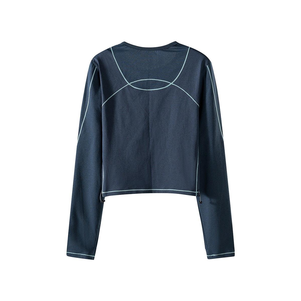 Back view of a dark navy long-sleeve cropped top with pale contrast seam lines and adjustable hem cords.