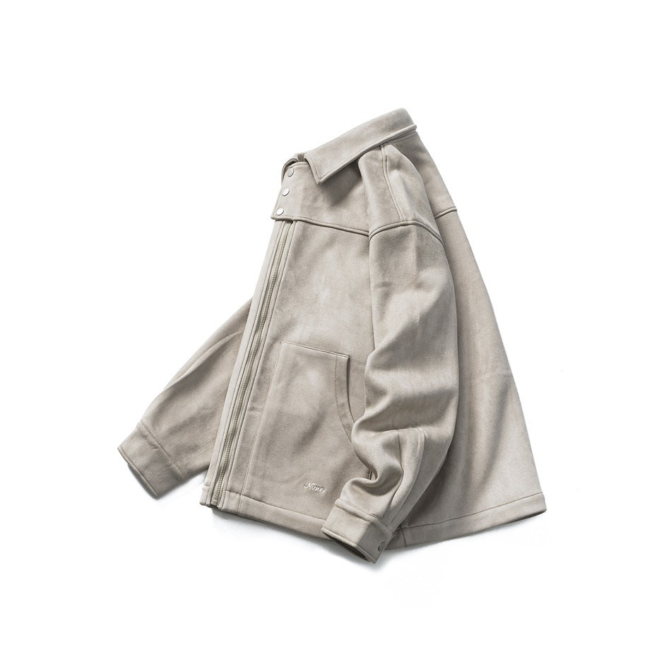 Taupe jacket shown alone at an angle, with a wide collar, front zipper, snap tab, and front pockets.