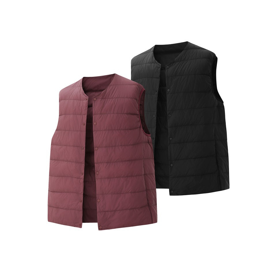 Sleeveless quilted snap-front vests shown in dusty rose and black.