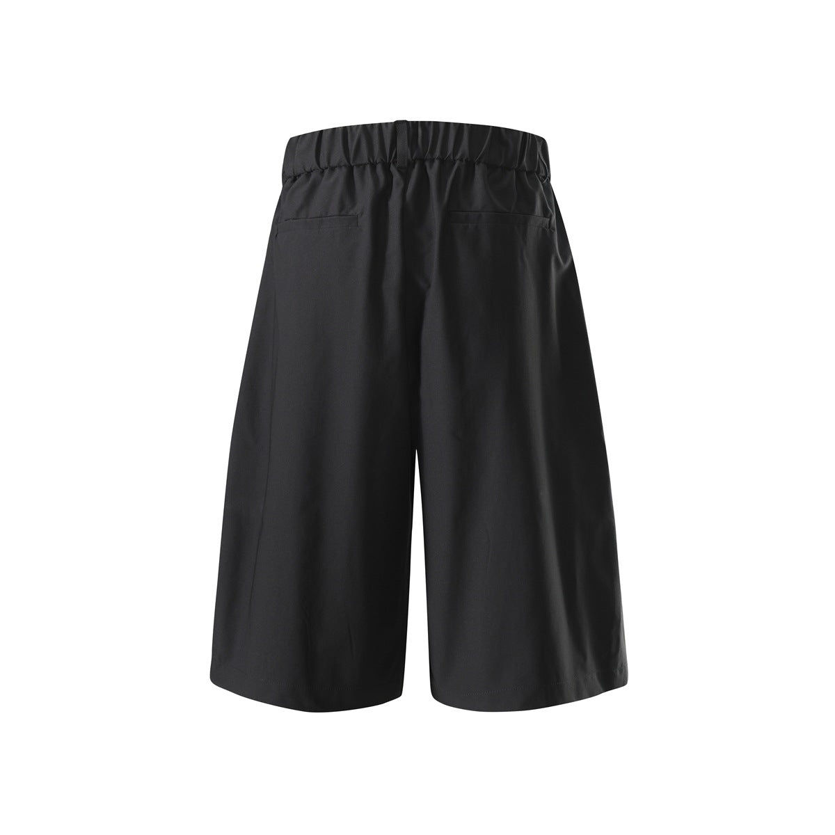 Black wide-leg shorts, back view, with elastic waistband and two welt pockets
