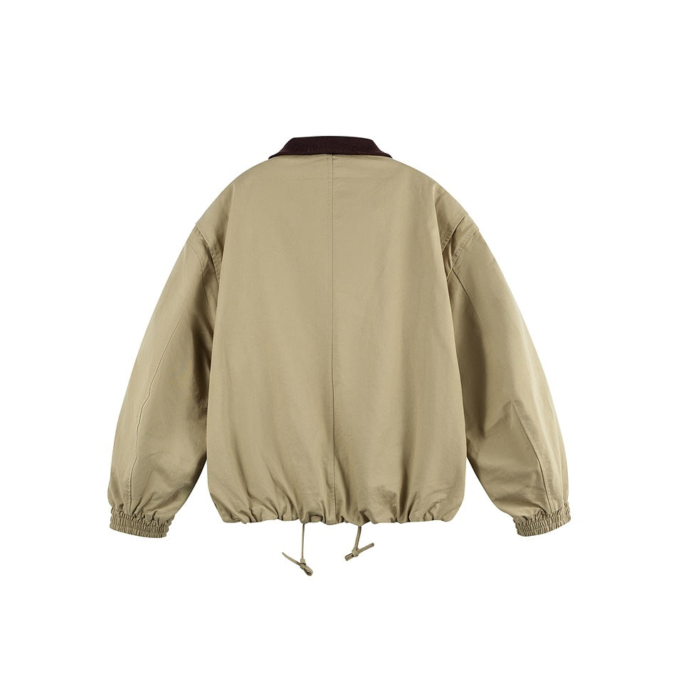 Back view of a khaki jacket with dark brown collar, center back seam, elastic cuffs and drawstring hem