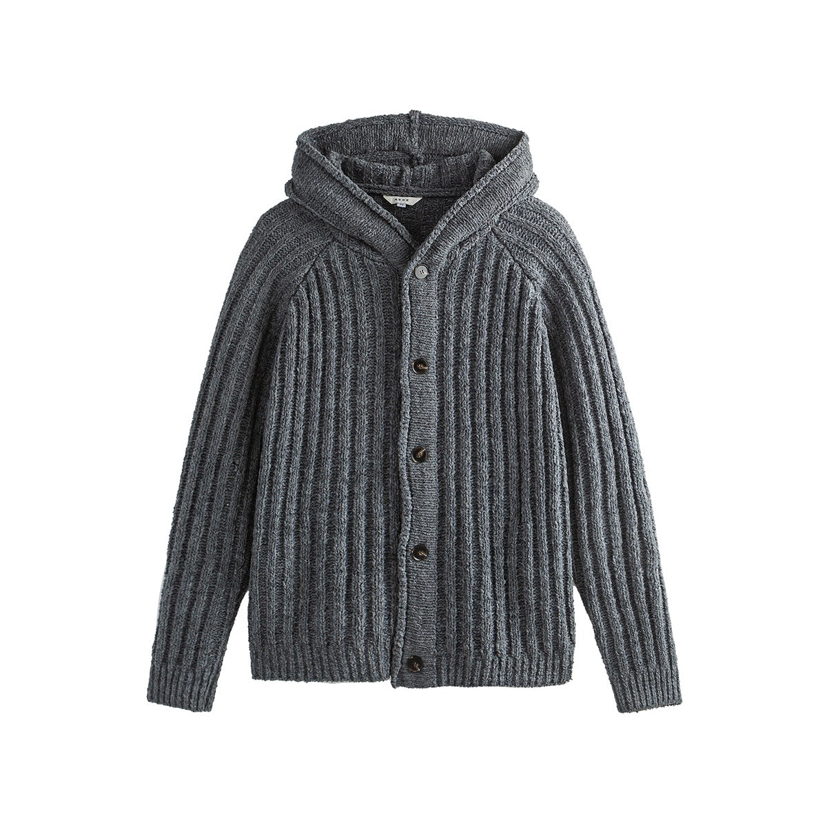 Dark gray chunky ribbed knit hooded cardigan with button front, flat front view