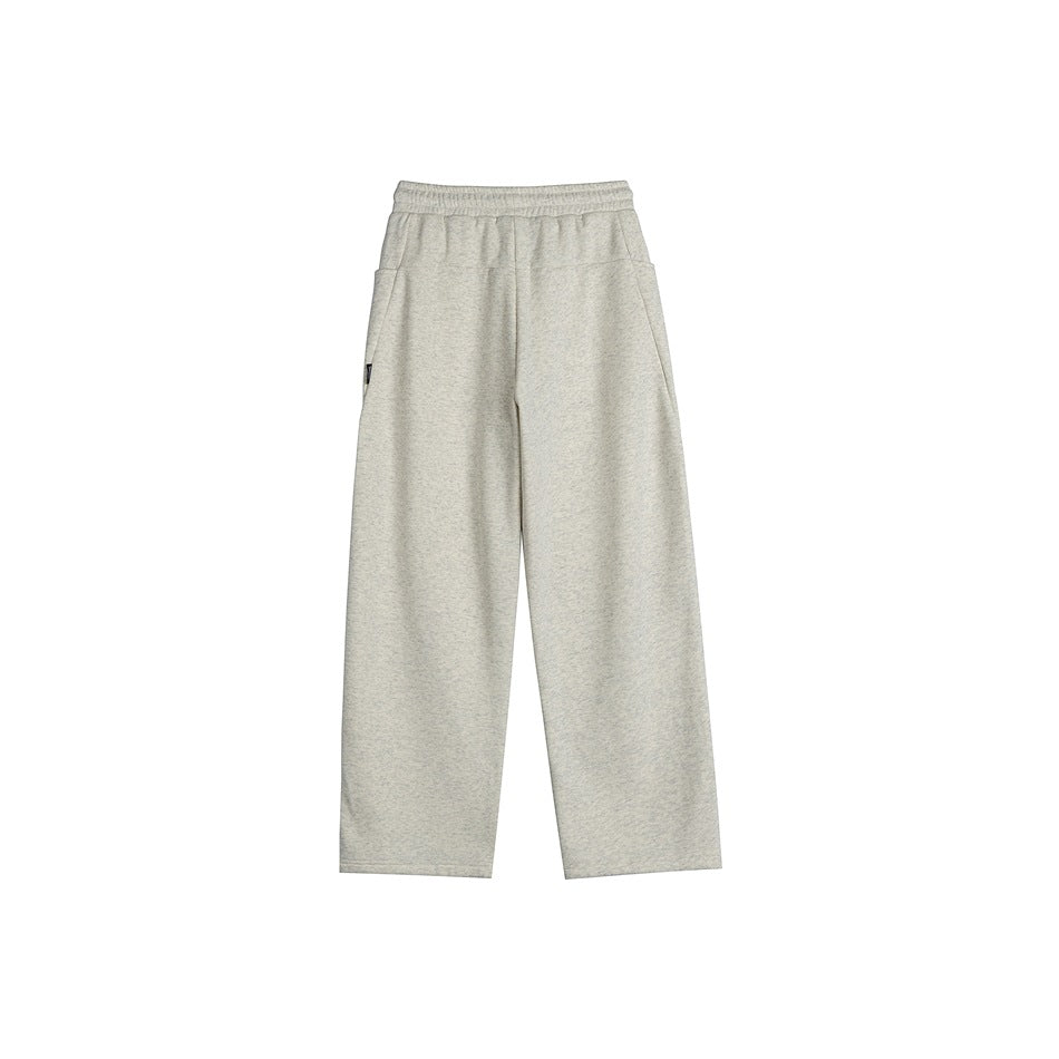 Back view of light gray heather wide-leg pants with an elastic waist and a small dark side tag.