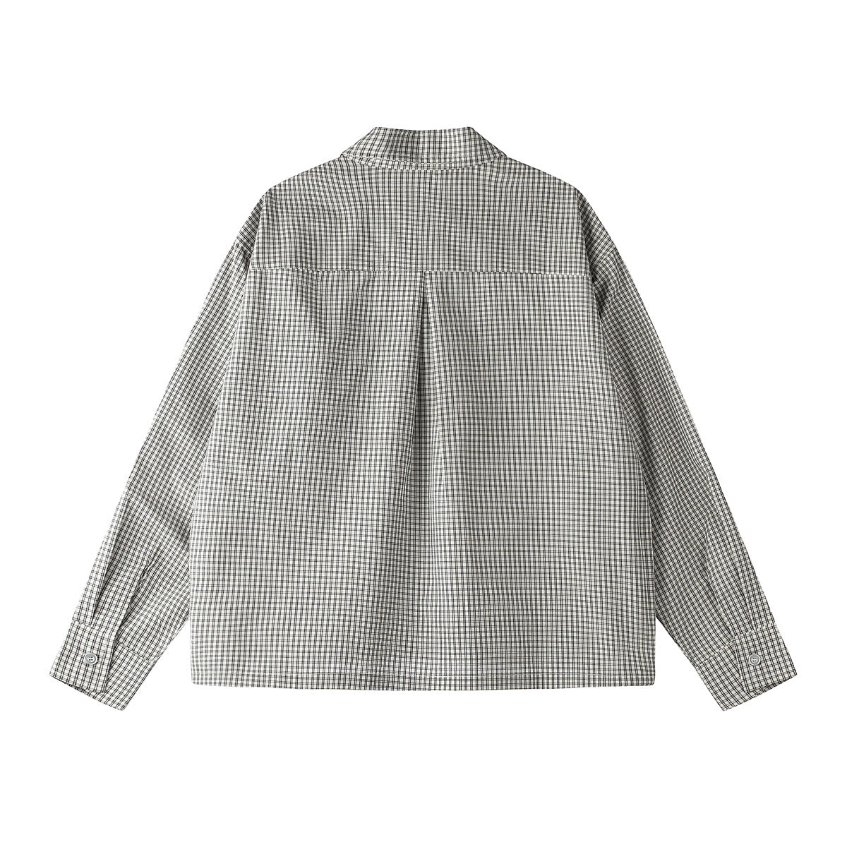 Back view of a light gray and black checked button-up shirt with a center back pleat.