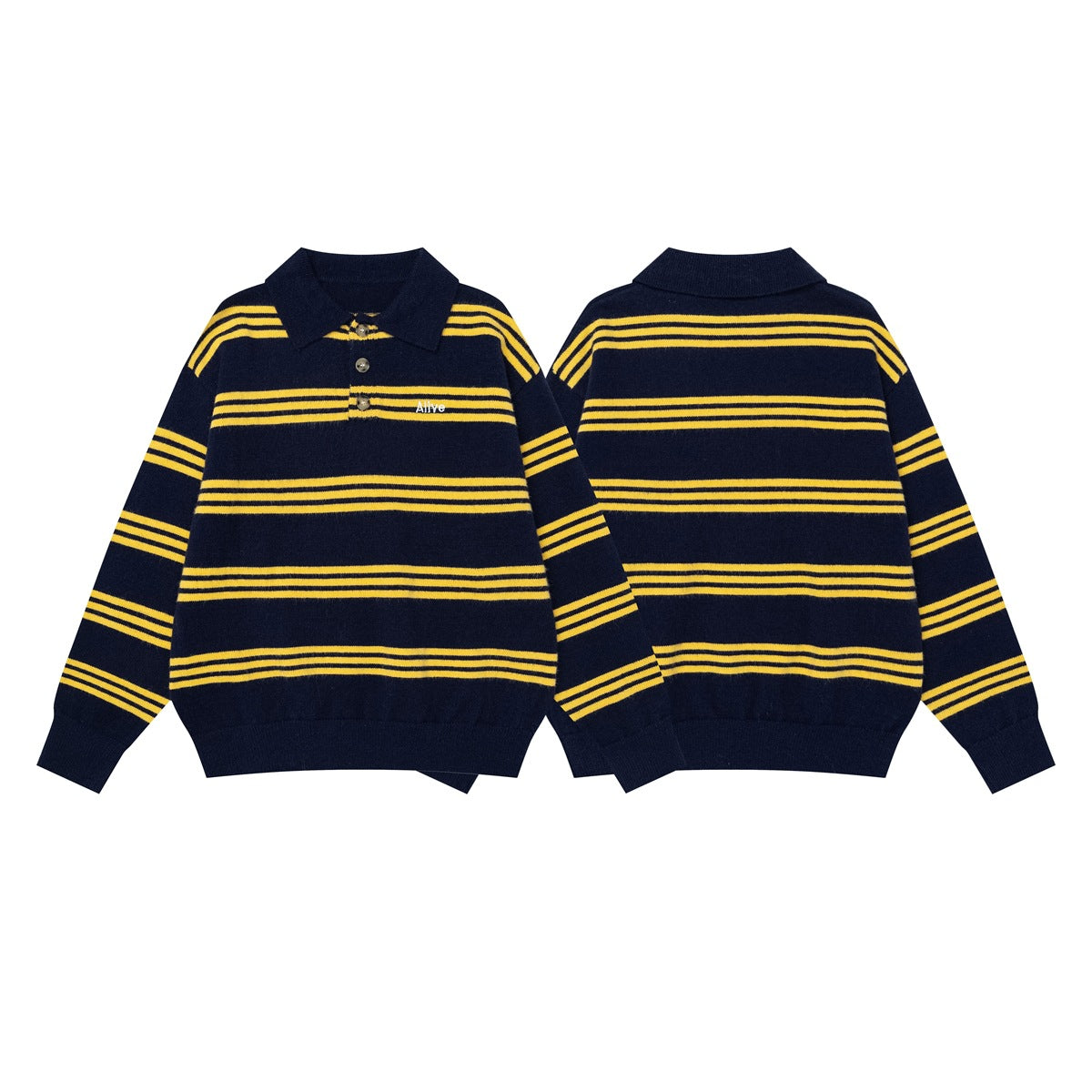 Navy long-sleeve knit polo sweater with yellow stripes, shown from the front and back.