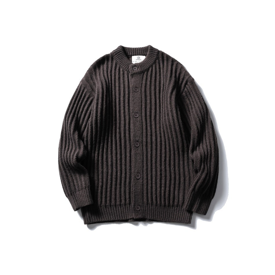 Dark brown ribbed knit button-front cardigan with crew neck, laid flat, front view