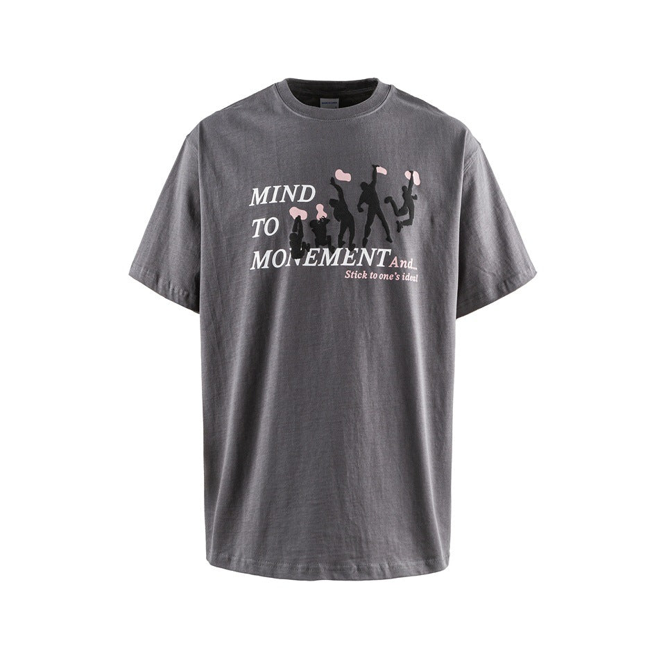 Charcoal short-sleeve crew-neck T-shirt with a front graphic of black silhouettes, pink accents, and white lettering.