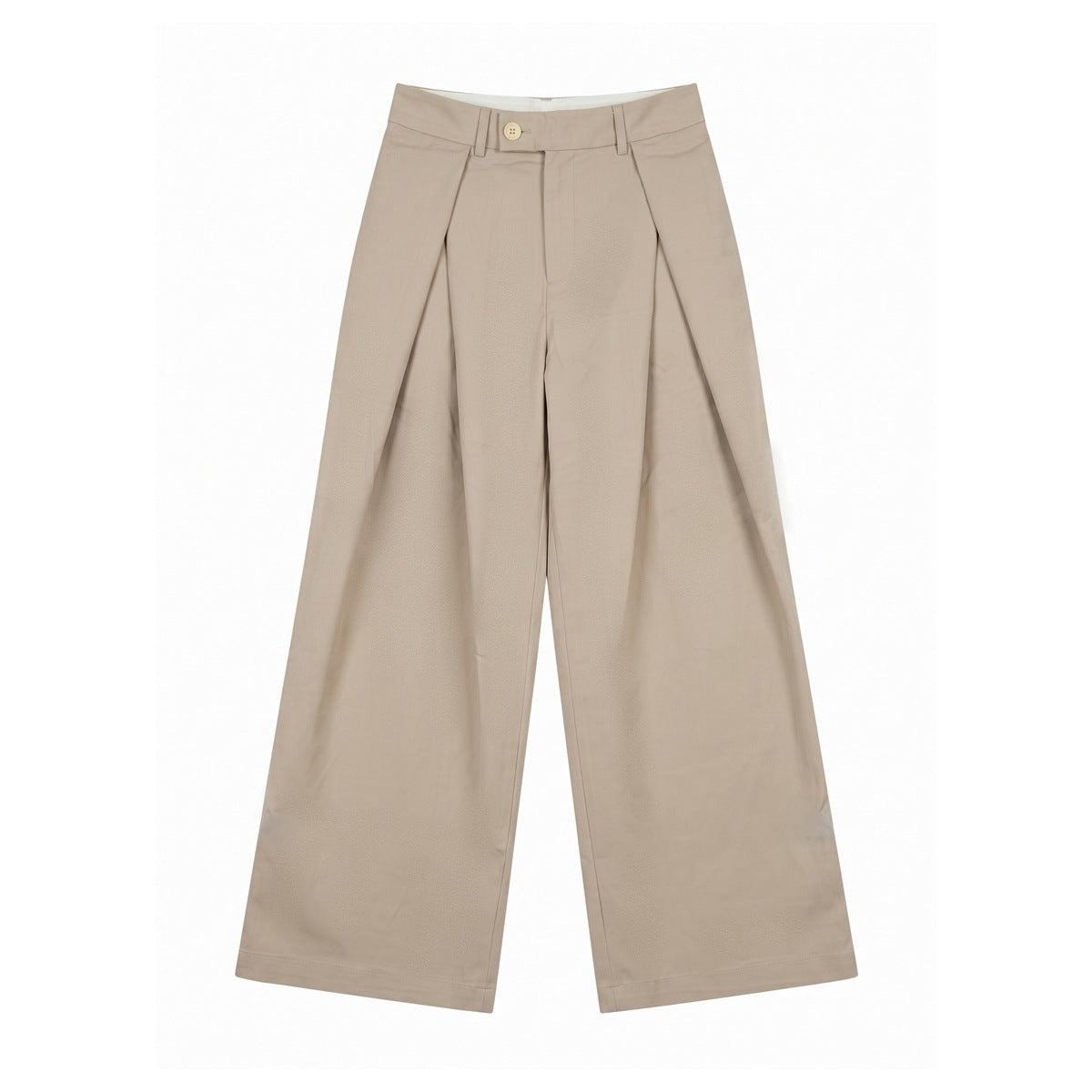 Light brown wide-leg pleated trousers flat lay, front view with button closure and belt loops